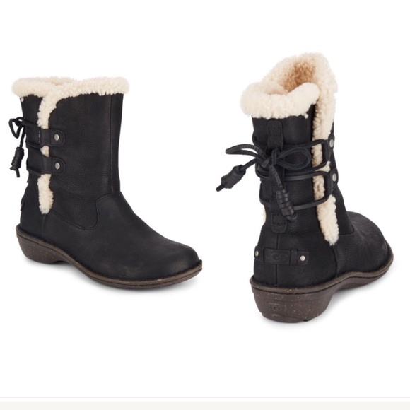 FINAL SALE 🎈UGG Akadia Black Leather Shearling Boots Size 6 NEW NO BOX * - Picture 2 of 16